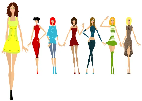 Сім красивих дівчат в різному одязі — стоковий вектор