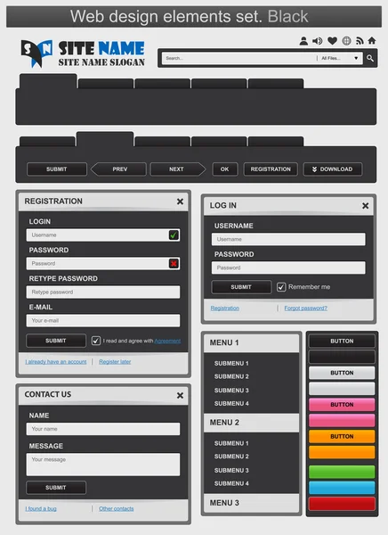 Элементы веб-дизайна устанавливают черный цвет — стоковый вектор