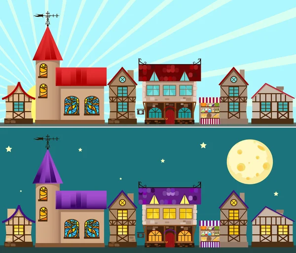 Città medievale giorno e notte — Vettoriale Stock