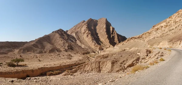 Scénic zvrásněný hnědé skály na silnici v kamenné poušti — Stock fotografie