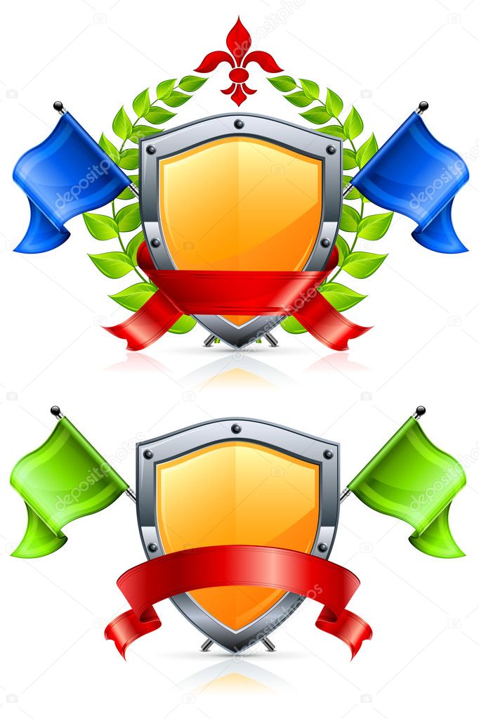 Coat of arms with shield, triangular flags, wreath, ribbon and lily on white, vector illustration