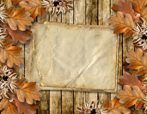 Herfst frame van eiken bladeren op een houten achtergrond van grange. — Stockfoto