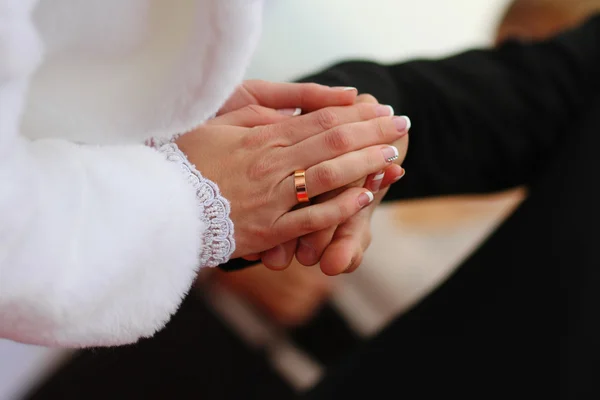 Novia y novio unidos de la mano en la boda — Foto de Stock