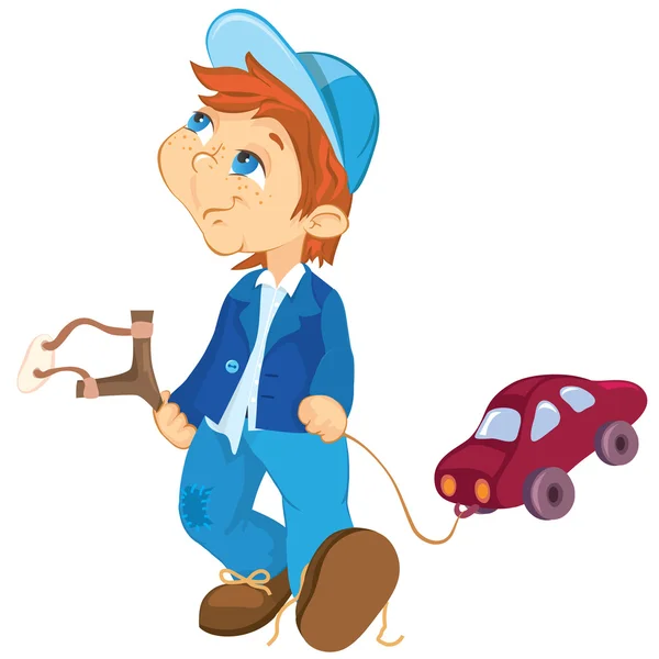Неслухняний хлопчик і іграшковий автомобіль — стоковий вектор