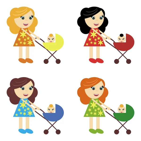 Fire piger med barnevogne – Stock-vektor
