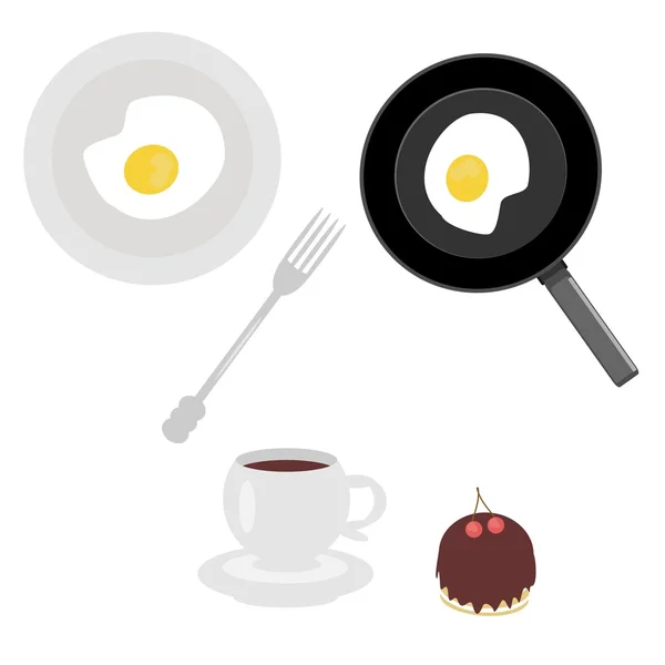 煎的鸡蛋、 叉、 咖啡和蛋糕 — 图库矢量图片