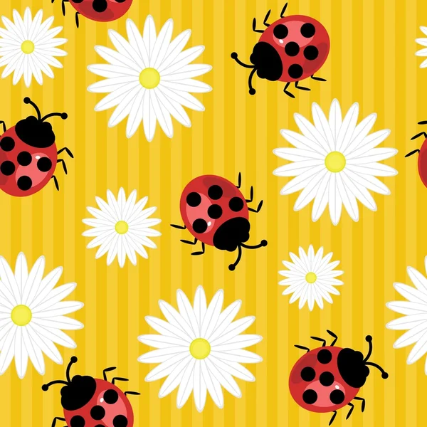 Nahtloser Hintergrund mit Marienkäfern und Blumen — Stockvektor