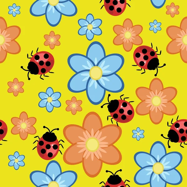 Çiçekler ve ladybirds sorunsuz arka plan — Stok Vektör