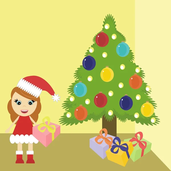Girl in christmas dress near tree — Stock Vector