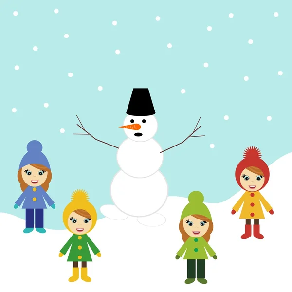 Сніговик і чотири дівчинки — стоковий вектор