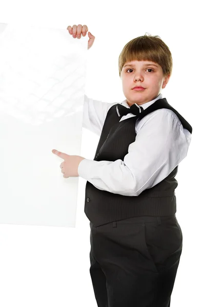 Мальчик с рекламным щитом — стоковое фото