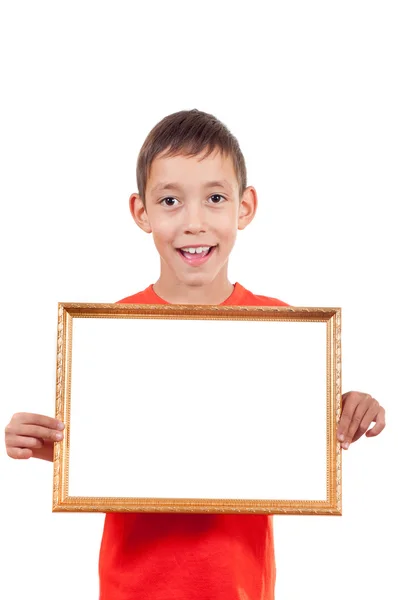Smiling boy holding empty frame — Stock Photo, Image