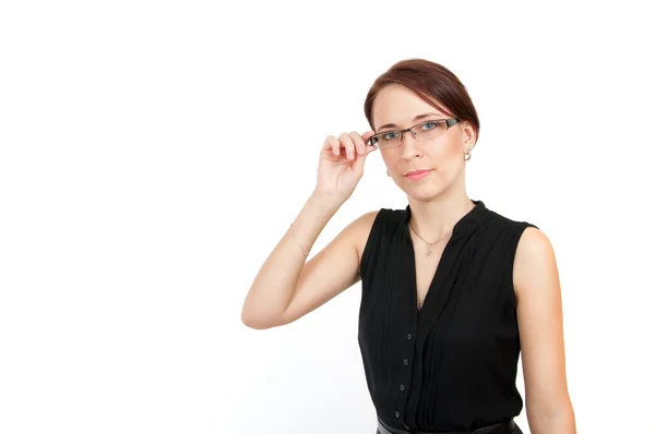 Business woman holding her glasses — Stock Photo, Image