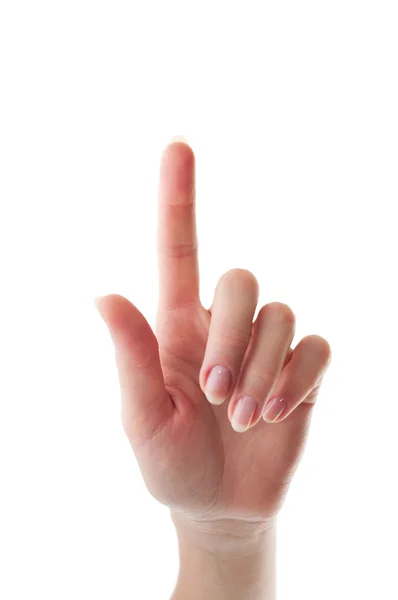 Weibliche Hand mit einem Finger, der etwas berührt — Stockfoto