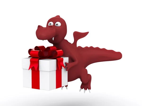 stock image Dragon with white gift box. Isolated 3D image.