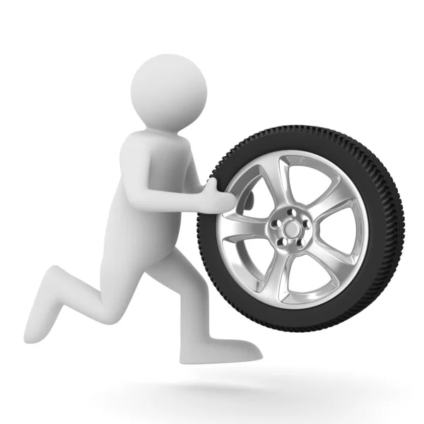 Man with disk wheel on white background. Isolated 3D image — Stock Photo, Image