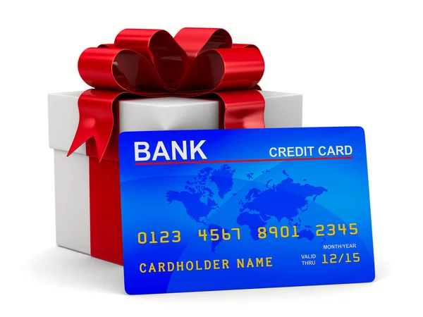 Caixa de presente branca com cartão de crédito. Imagem 3D isolada — Fotografia de Stock