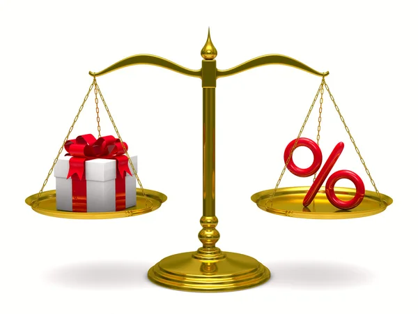 Gift box and percent on scales. Isolated 3D image — Stock Photo, Image