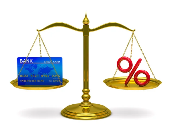 Cartão de crédito e por cento em escalas. Imagem 3D isolada — Fotografia de Stock