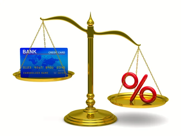 Kredi kartı ve yüzde ölçekler üzerinde. izole 3d görüntü — Stok fotoğraf