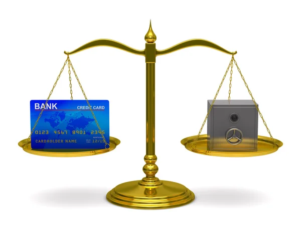 Tarjeta de crédito y caja fuerte en balanzas. Imagen 3D aislada — Foto de Stock