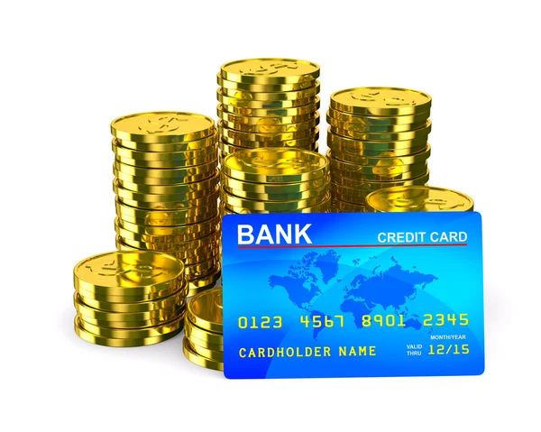 Columna de monedas de oro y tarjeta de crédito. Imagen 3D aislada — Foto de Stock
