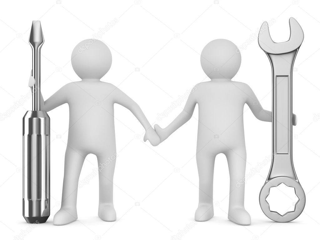 Two man with wrench and screwdriver. Isolated 3D image