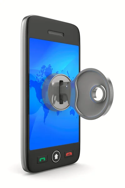 Téléphone avec clé sur fond blanc. Image 3D isolée — Photo