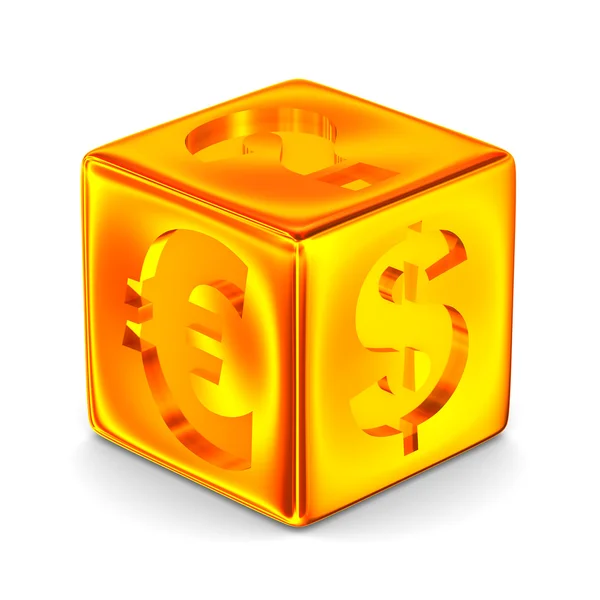 Cubo con signos de moneda. Imagen 3D aislada — Foto de Stock