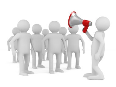 Orator speaks in megaphone. Isolated 3D image clipart