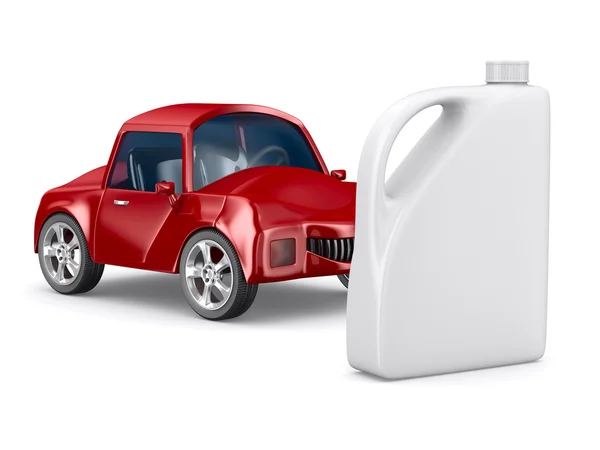 Red car and oil canister on white background. Isolated 3D image — Stock Photo, Image