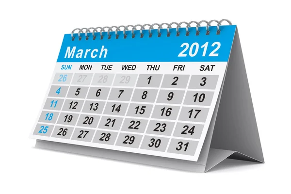Kalendarz 2012 roku. marca. na białym tle obraz 3d — Zdjęcie stockowe