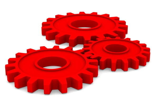 Three red gears on white background. Isolated 3D image — Stock Photo, Image