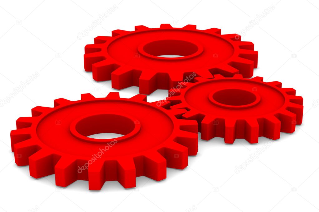 Three red gears on white background. Isolated 3D image