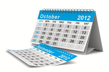 2012 year calendar. October. Isolated 3D image clipart