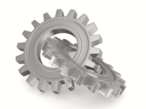 Two chrome gears on white background. Isolated 3D image