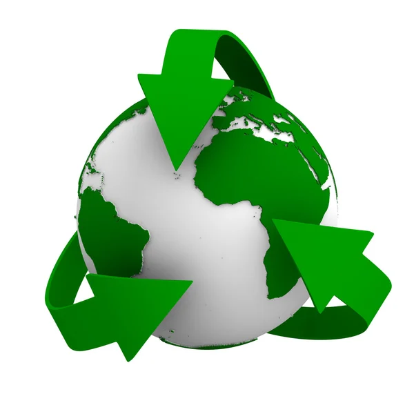 Recycling-Pfeile und Globus. isoliertes 3D-Bild — Stockfoto