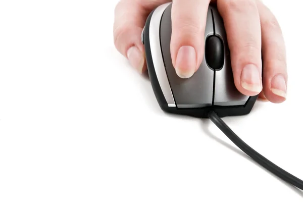 Computer mouse with hand on white — Stock Photo, Image