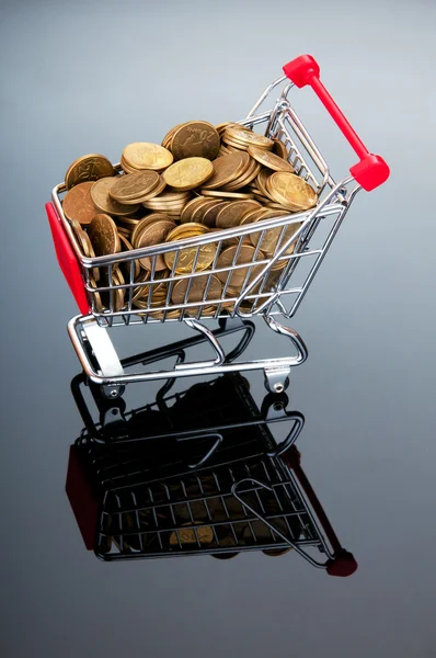 Shoppingvagn och guldmynt — Stockfoto