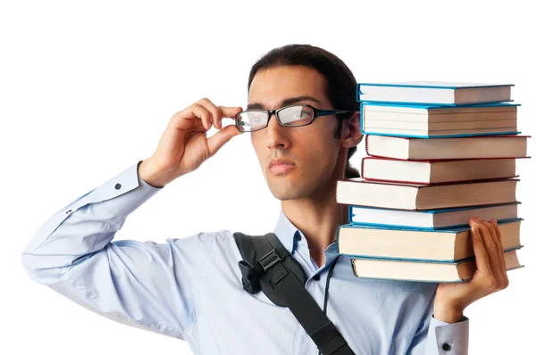 Student with stack of books on white — Stock Photo, Image