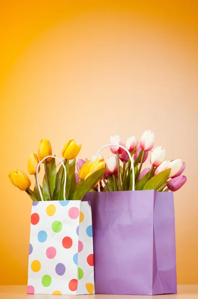 Tulipani nella borsa sullo sfondo sfumato — Foto Stock