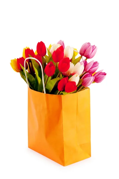 Тюльпани в сумці ізольовані на білому — стокове фото