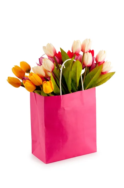 Tulipes dans le sac isolé sur blanc — Photo