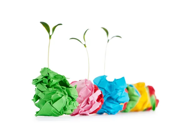 Paper recycling concept with seedlings on white — Stock Photo, Image