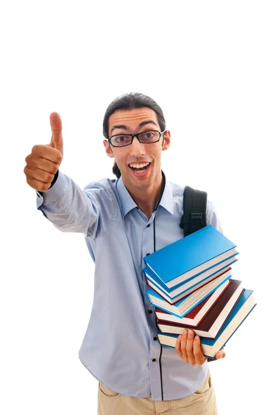 Studentin mit Bücherstapel auf weiß — Stockfoto