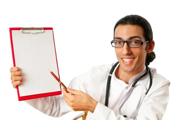Lekarz siedzi przy biurku na biały — Zdjęcie stockowe