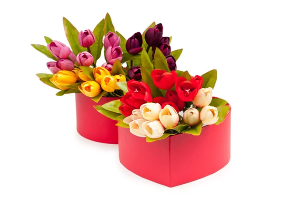 Giftboks og tulipaner isolert på hvit – stockfoto