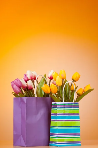 Tulipani nella borsa sullo sfondo sfumato — Foto Stock