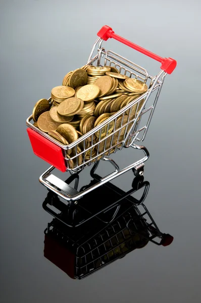 Carrinho de compras e moedas de ouro — Fotografia de Stock
