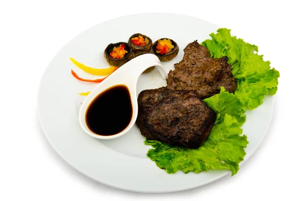 Well done steak served in the plate — Stock Photo, Image